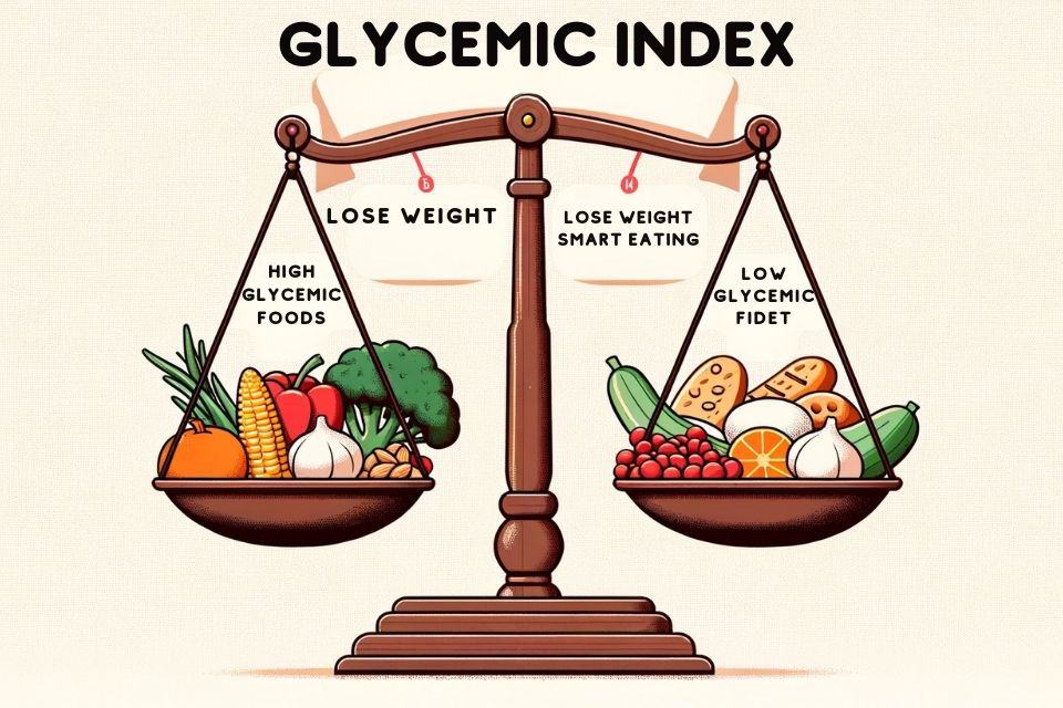 Glycemic Index when trying to lose weight: Lose Weight with Smart Eating - Illustration of a balance scale with high glycemic foods on one side and low glycemic foods on the other. The low glycemic side is lower, indicating its heavier importance. Bold text above the scale says: 'Glycemic Index when trying to lose weight: Lose Weight with Smart Eating'.