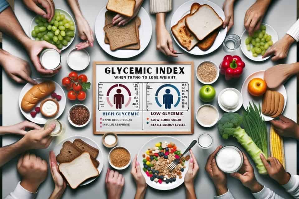 Photo of a diverse group of individuals comparing two plates: one filled with high glycemic foods like white bread and sugary cereals, and the other with low glycemic foods like whole grains and vegetables. An overlay text reads: 'Glycemic Index when trying to lose weight: Lose Weight with Smart Eating'.