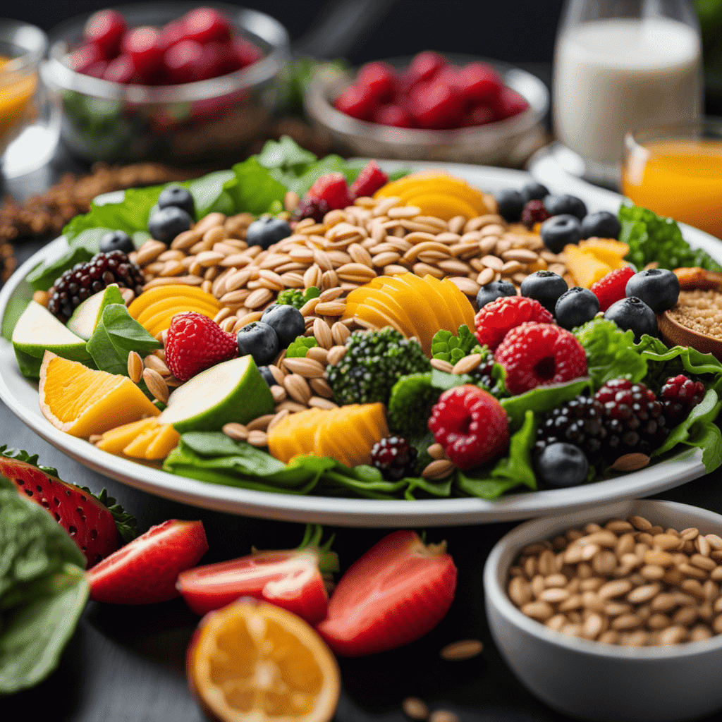 An image showcasing a runner's plate filled with vibrant and nutrient-rich foods: a colorful blend of whole grains, lean proteins, leafy greens, and a variety of fruits, highlighting the importance of pre and post-run nutrition
