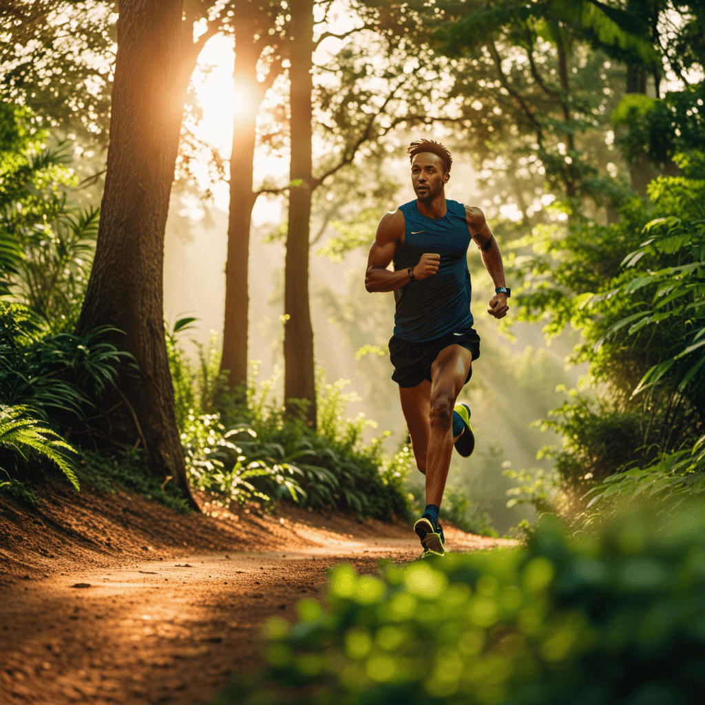 An image showcasing a runner mid-sprint on a winding trail, surrounded by lush greenery