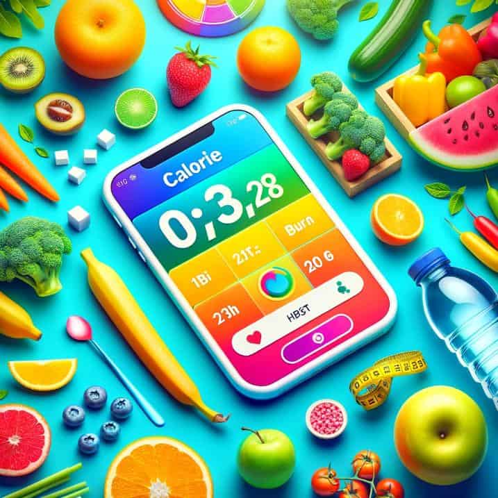 This image showcases a colorful and visually appealing depiction of a calorie counter tool. It features a digital display with calorie intake and burn numbers, surrounded by an array of healthy foods.