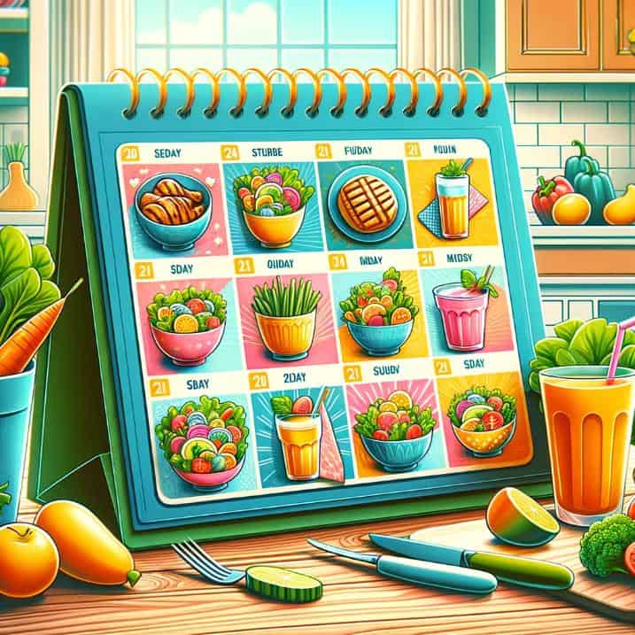 This image presents an attractive and vibrant illustration of a meal planner concept. It includes a calendar or planner with different healthy meals scheduled for each day, set in a kitchen or dining environment.