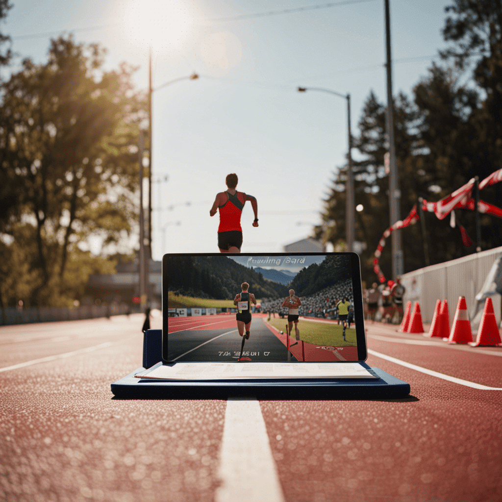 An image showcasing a runner crossing the finish line of a race, with a personalized training plan on a clipboard, a stopwatch, and a vision board displaying specific running goals