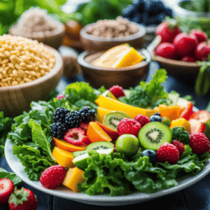 Role of Nutrition to the human body - An image depicting a colorful and diverse array of nutrient-rich foods like leafy greens, vibrant fruits, lean proteins, and whole grains, symbolizing the crucial role of nutrition in optimizing fitness and sculpting a healthy body composition