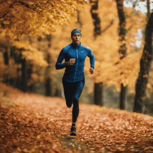 a serene landscape of a runner in motion, effortlessly gliding along a scenic track with vibrant autumn leaves falling around them