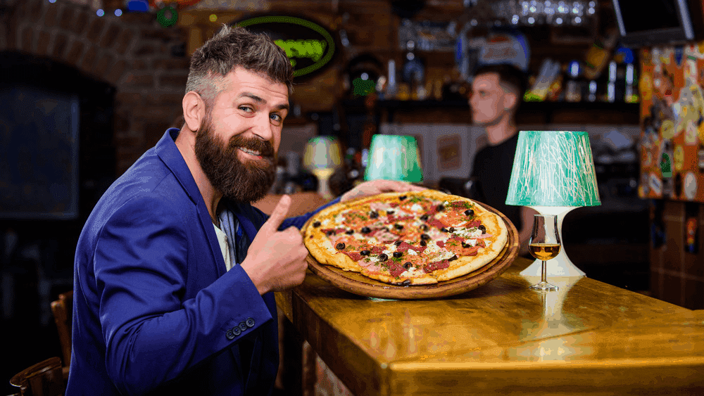 Man received delicious pizza. Enjoy your meal. Cheat meal concept. Pizza favorite restaurant food.