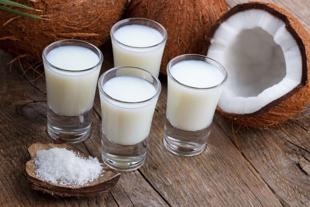 Coconut milk in a glass with coconut shells on old wooden background,selective focus - Organifi Green Drink Review