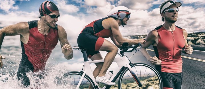 Triathlon man running , swimming, biking - How to Boost Your Body’s Fitness Level and Avoid The Risk of Injury. The Ultimate Guide in Cross-Training.