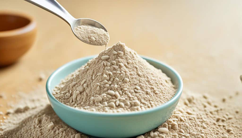 A pile of psyllium husk powder pouring out of a bottle 