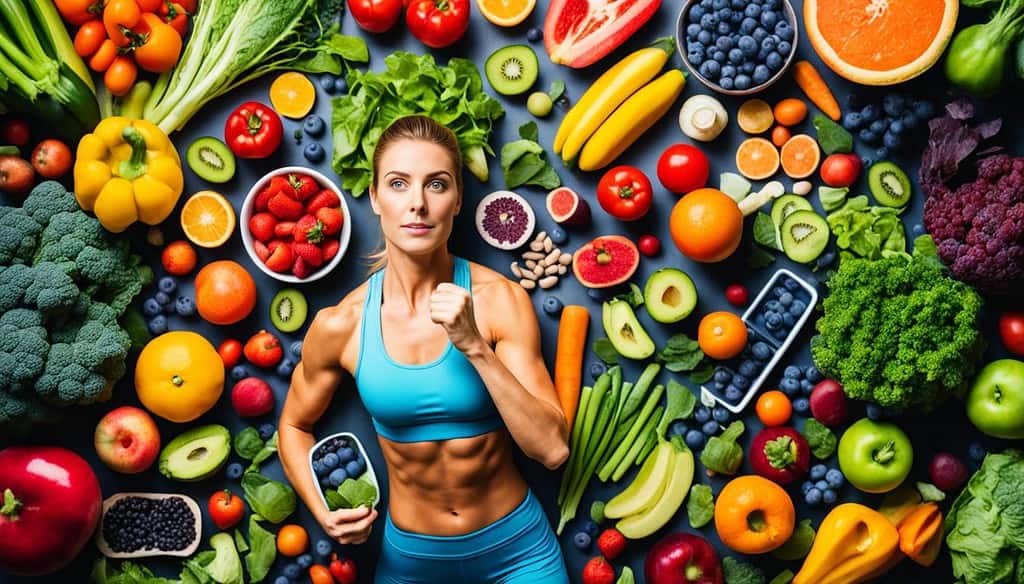 An image of a person working out, surrounded by various colorful fruits and vegetables that represent personalized nutrition based on their genetic profile.