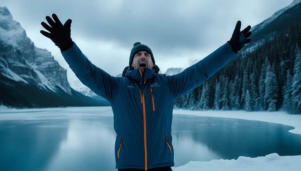 A person standing in front of a frozen lake, with their arms stretched out towards the sky, their body shivering from the intense cold. The frozen lake is surrounded by snow-covered trees and mountains in the background