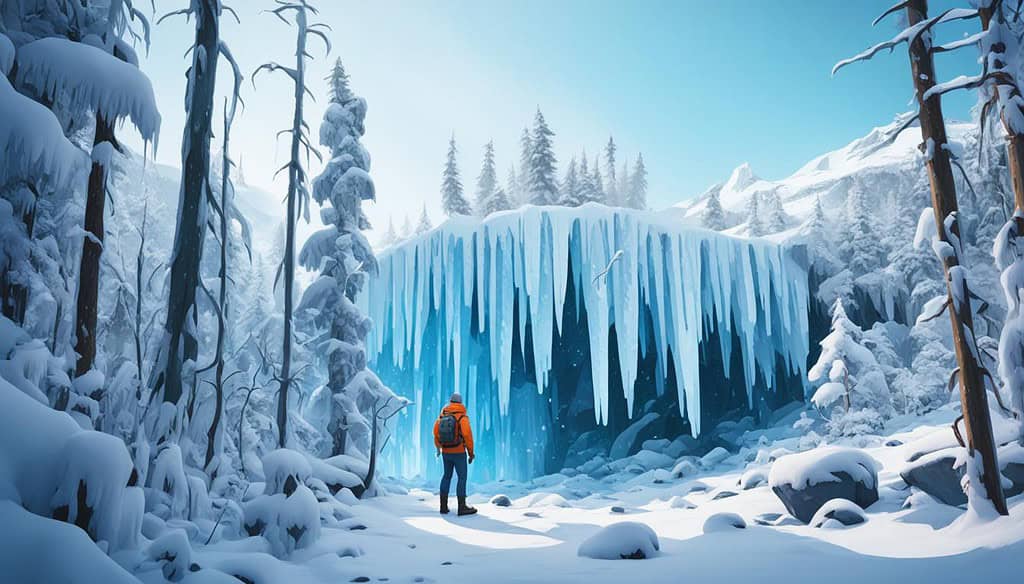 A dense forest covered in snow with a lone figure standing in the center. The figure has a device attached to their body, measuring their body temperature and heart rate. The forest is surrounded by frozen rivers and mountains