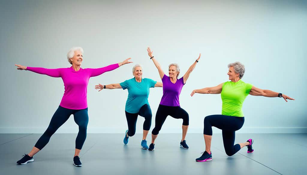 An image featuring people of different ages and body types practicing a range of dynamic stretching exercises that improve mobility, such as lunges, squats, hip circles, arm swings, and leg raises.