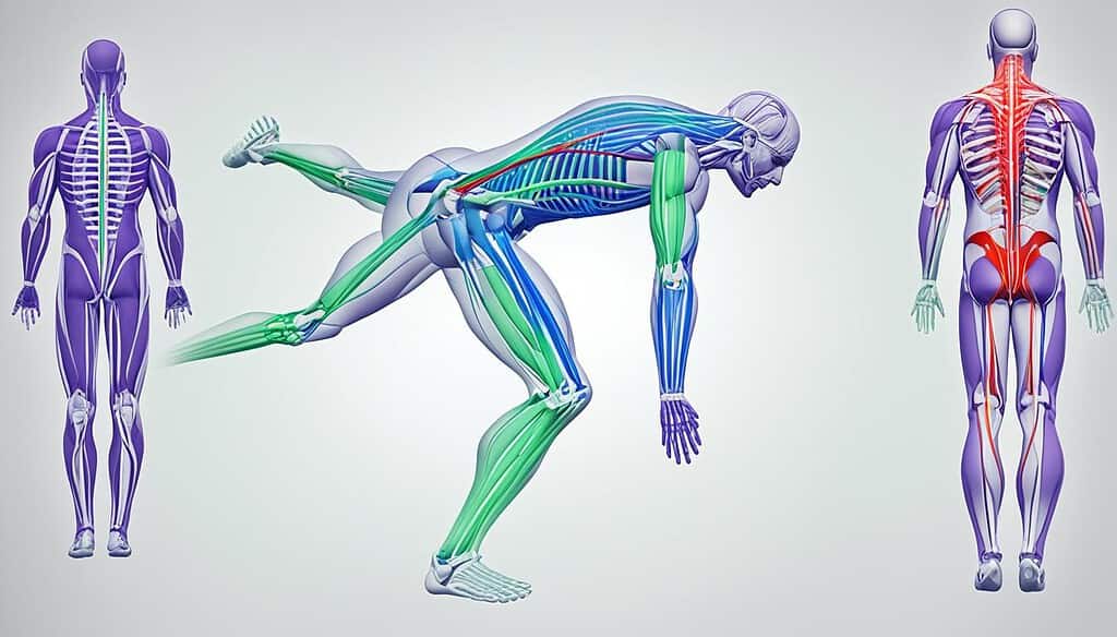 This image shows a human body with subtle lines tracing the fascia from head to toe. The lines should be highlighted in different shades of blue, green, and purple to represent the different fascial lines. 