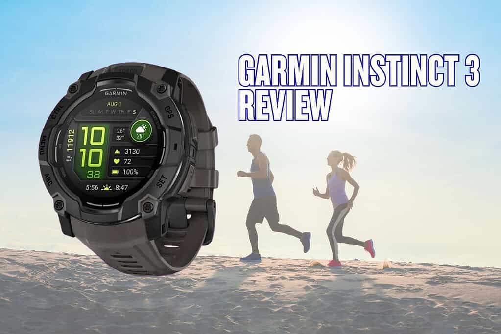 Garmin Instinct 3 smartwatch showcasing its rugged design and fitness tracking features for outdoor activities.