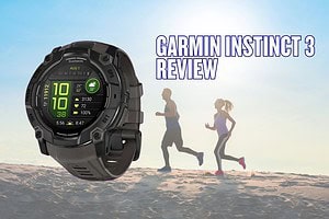 Garmin Instinct 3 smartwatch showcasing its rugged design and fitness tracking features for outdoor activities.