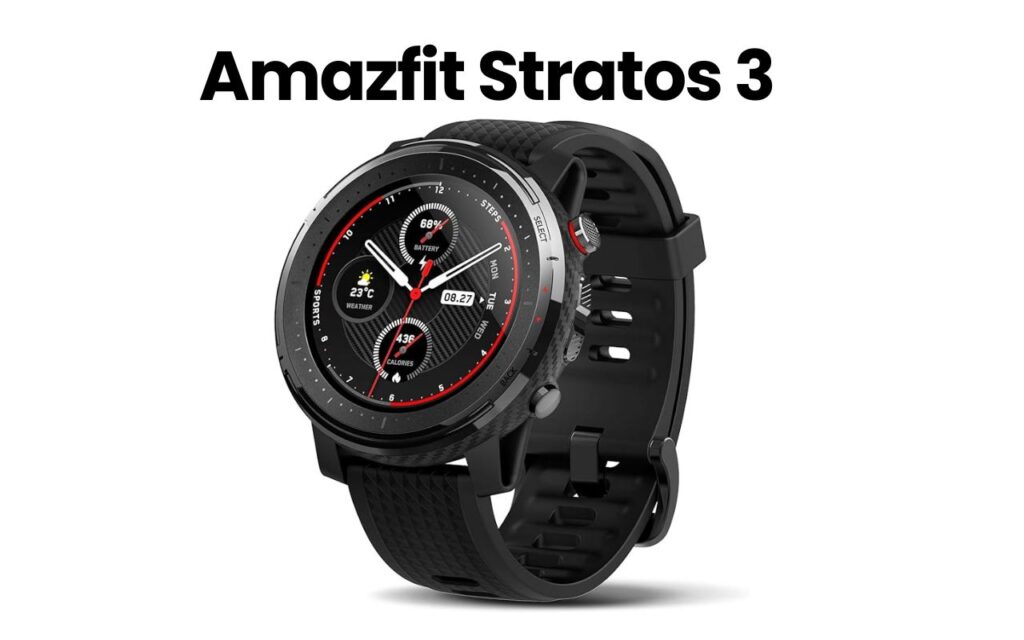 Amazfit Stratos 3 smartwatch for fitness tracking review. Black sport watch showing weather and steps.
