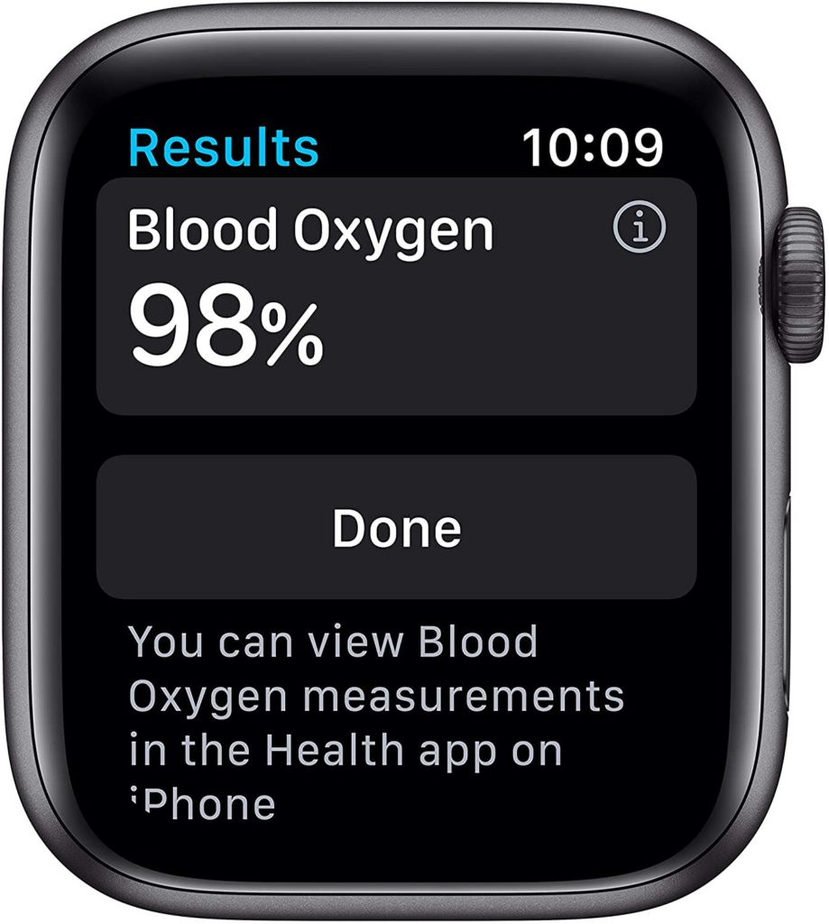 The Apple Watch Series 6 screen displays blood oxygen levels