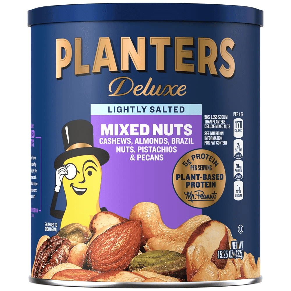 With our Planters Deluxe Lightly Salted Mixed Nuts, you can enjoy the great taste of roasted nuts in an easy-to-carry pouch for snacking on the go. 