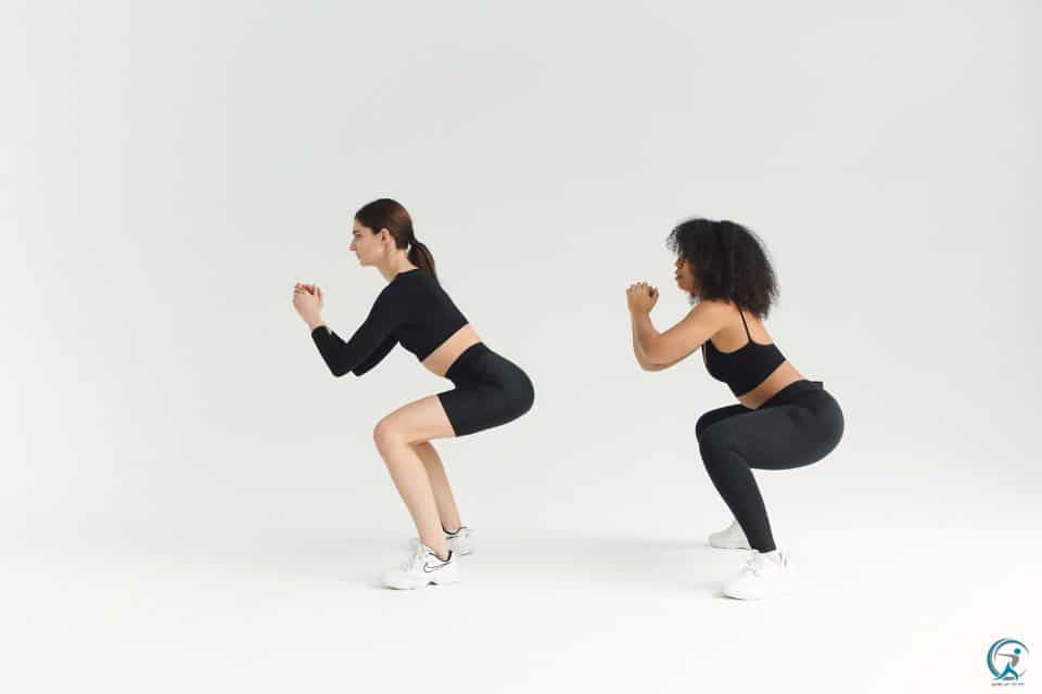 The squat, also called the squat thrust, is an exercise for weight training that works the thighs, buttocks, and quadriceps. 