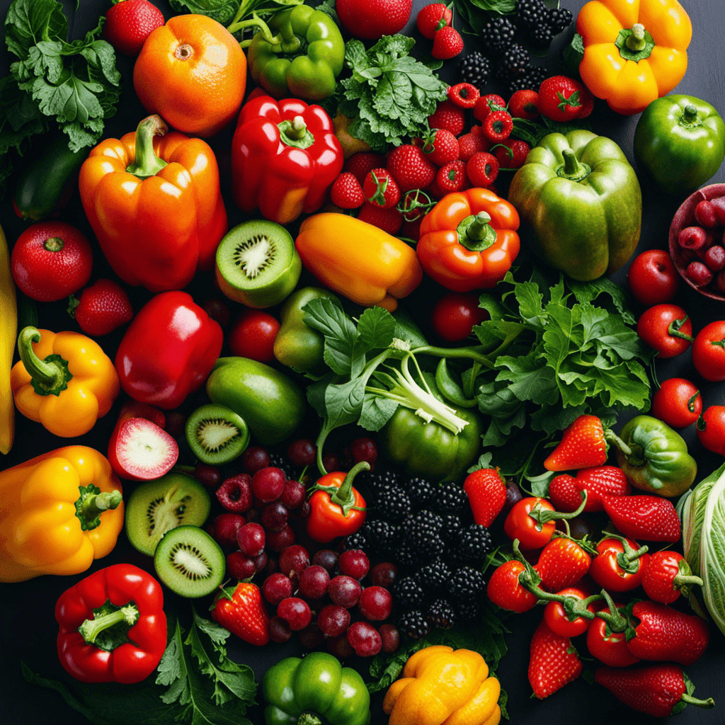 An image showcasing a vibrant assortment of fresh fruits and vegetables, including leafy greens, bright berries, and colorful bell peppers