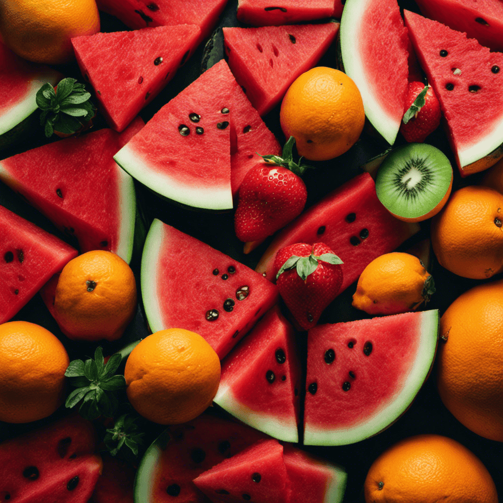 An image showcasing a vibrant array of sliced fruits like watermelon, oranges, and strawberries, each glistening with droplets of water, enticing readers to stay ahead of the game with refreshing hydration tips