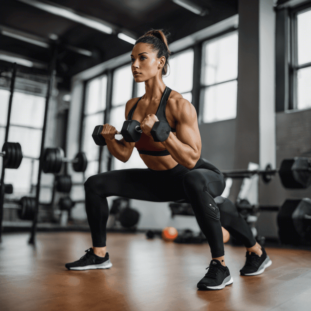An image showcasing a beginner performing a series of exercises that engage all major muscle groups: squats with dumbbells, push-ups, lunges, planks, and seated rows using resistance bands