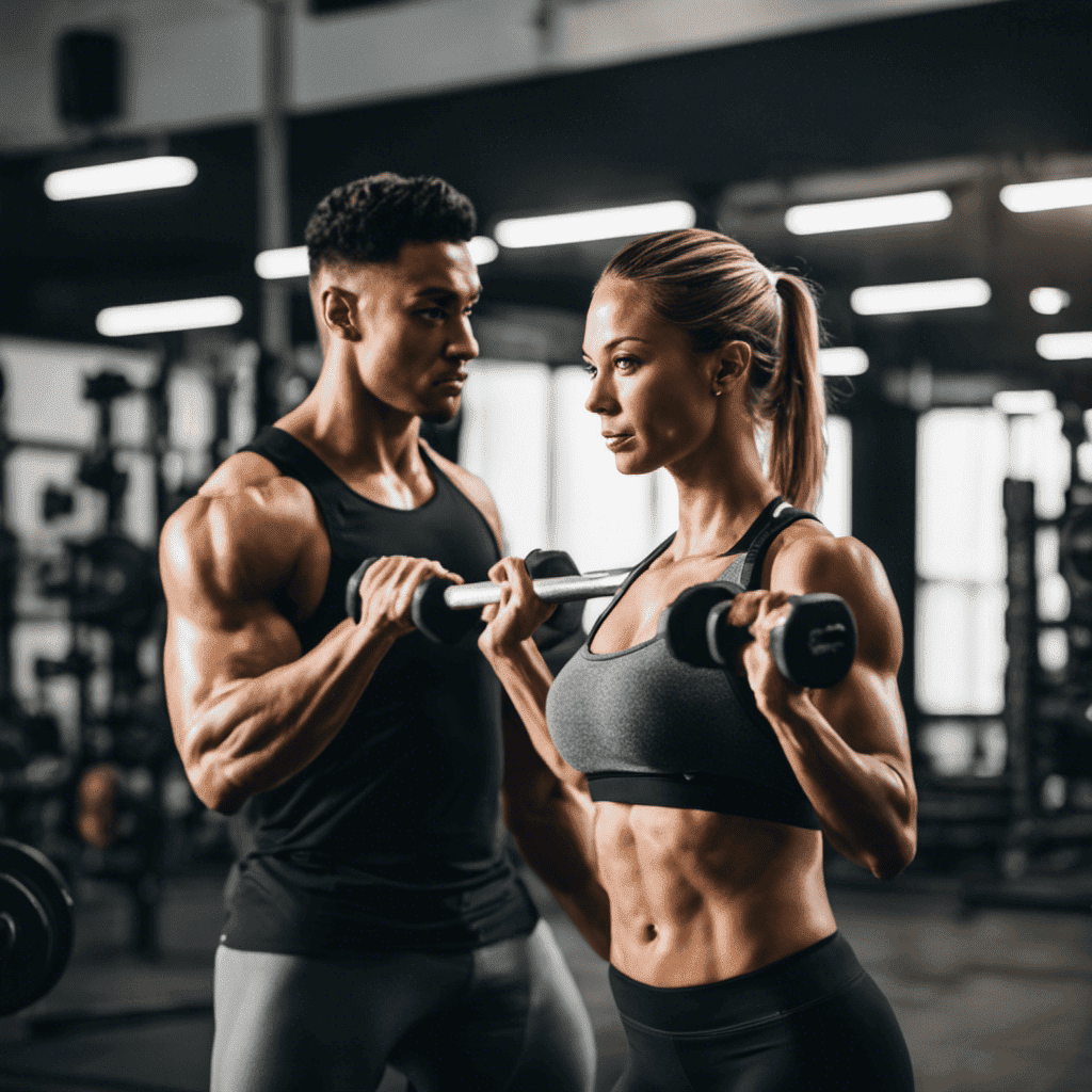 An image that showcases a person wearing proper workout attire, demonstrating correct form while lifting weights, with a trainer nearby providing guidance and support