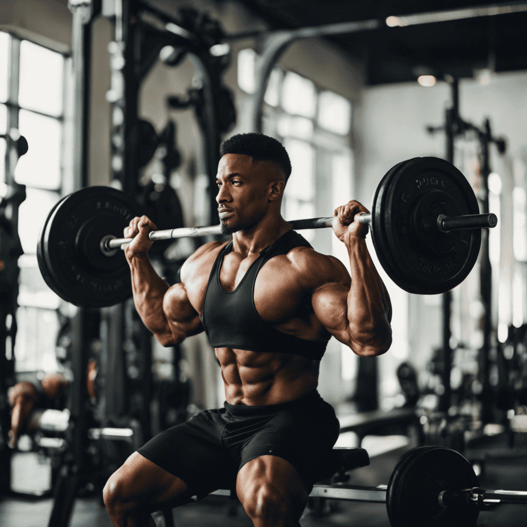 An image showcasing a muscular individual performing a variety of weightlifting exercises, such as bench presses, squats, and bicep curls, exemplifying the step-by-step process to build muscle mass