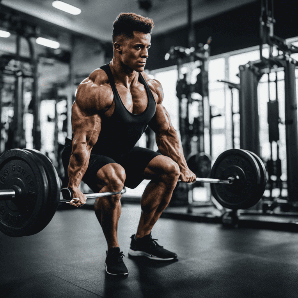 An image showcasing a well-equipped gym, with a focused individual performing compound exercises like squats and deadlifts, surrounded by dumbbells, barbells, and resistance machines, demonstrating the key elements of effective resistance training for muscle building