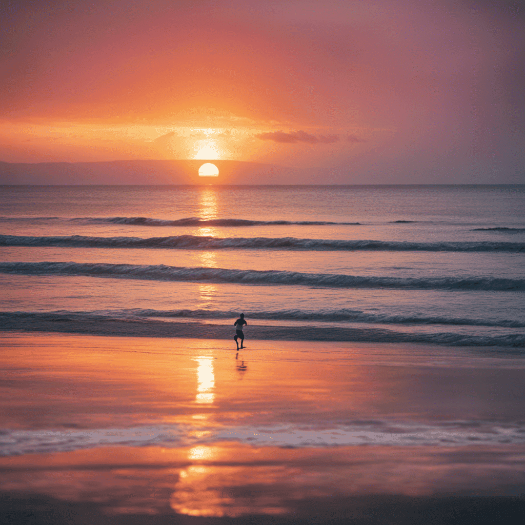 An image showcasing a vibrant sunrise over a tranquil beach, where a dedicated athlete joyfully jogs along the shoreline, encapsulating the invigorating feeling of motivation and determination to work out