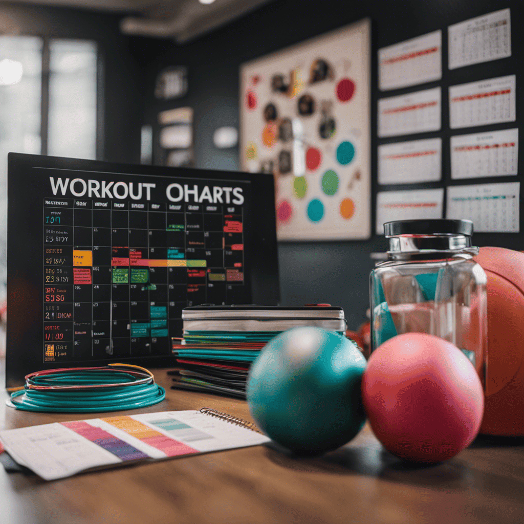 An image that showcases a vibrant, neatly organized workout space with a motivational wall filled with colorful progress charts, a clock displaying an ideal workout time, and a calendar marked with consistent exercise days