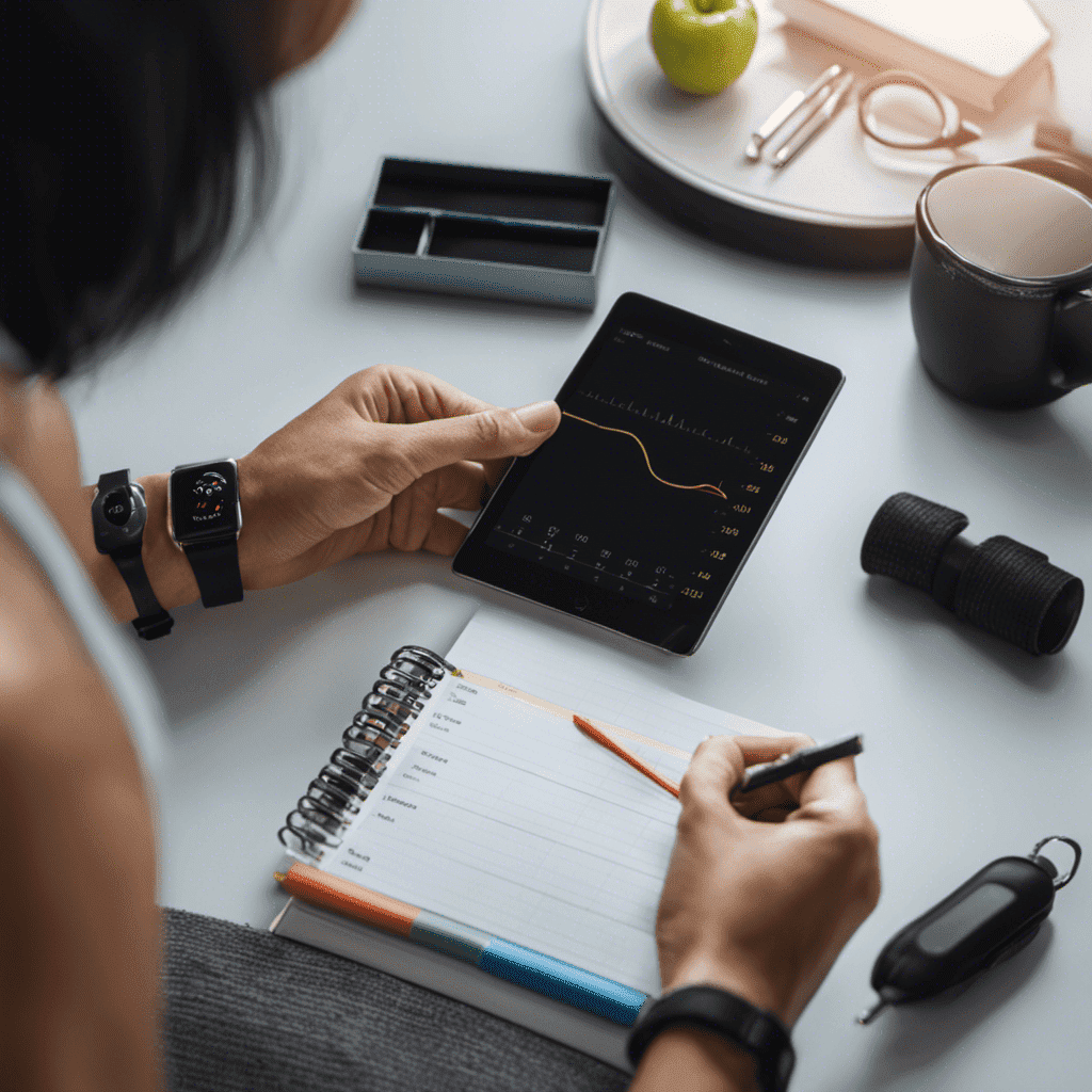 An image showing a person holding a notepad, pen, and a ruler, with a fitness tracker on their wrist