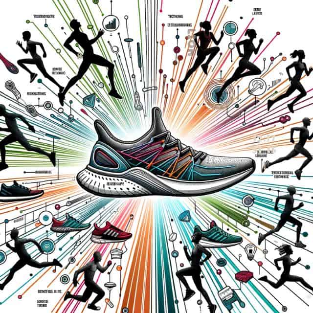 Vector art of a dynamic burst showcasing the evolution of running shoes. At the center is the most advanced shoe, radiating lines connect to its predecessors, each annotated with its technological milestones. Diverse runners in the background express their improved running experience.