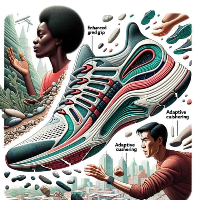 Illustration of a cross-section of a high-tech running shoe, revealing its intricate layers and innovations. Surrounding the shoe are smaller images: a woman of African descent experiencing enhanced grip on a rocky terrain, an Asian man feeling the adaptive cushioning on an urban pavement, and a Caucasian man benefiting from the shoe's energy return on a sprint.