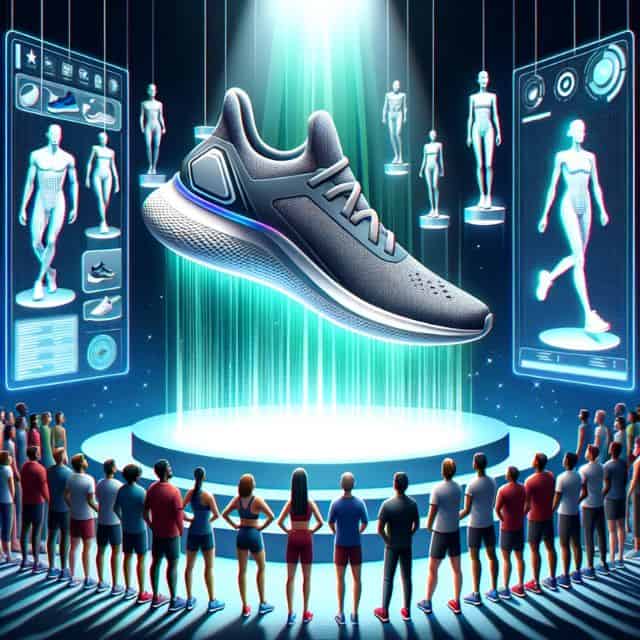 Illustration of a cutting-edge running shoe in the spotlight on a high-tech stage. The shoe levitates, with holographic displays emerging from it to detail its technological features. Diverse athletes, men and women of different descents, observe in awe, visualizing their enhanced performance.