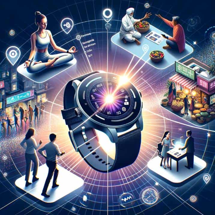 Illustration spotlighting a contemporary smartwatch with a dynamic user interface, radiating light and data streams. Orbiting the main image are scenarios: a European woman practicing yoga synchronized with her watch, an Indian man navigating a crowded market using his watch's augmented reality, and a group of diverse colleagues collaborating on a project through watch-integrated communications.