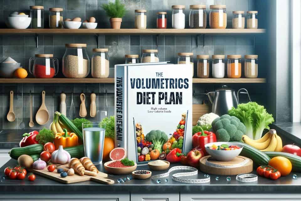 Realistic image of a kitchen setting showcasing various fresh ingredients like vegetables, fruits, lean proteins, and whole grains. A book titled 'The Volumetrics Diet Plan' stands prominently on the countertop. The scene is enhanced with icons of measuring cups, water droplets, and plates filled with high-volume, low-calorie foods. Overlay the scene with a transparent banner reading 'The Volumetrics Diet Plan' in a bold, eye-catching font.