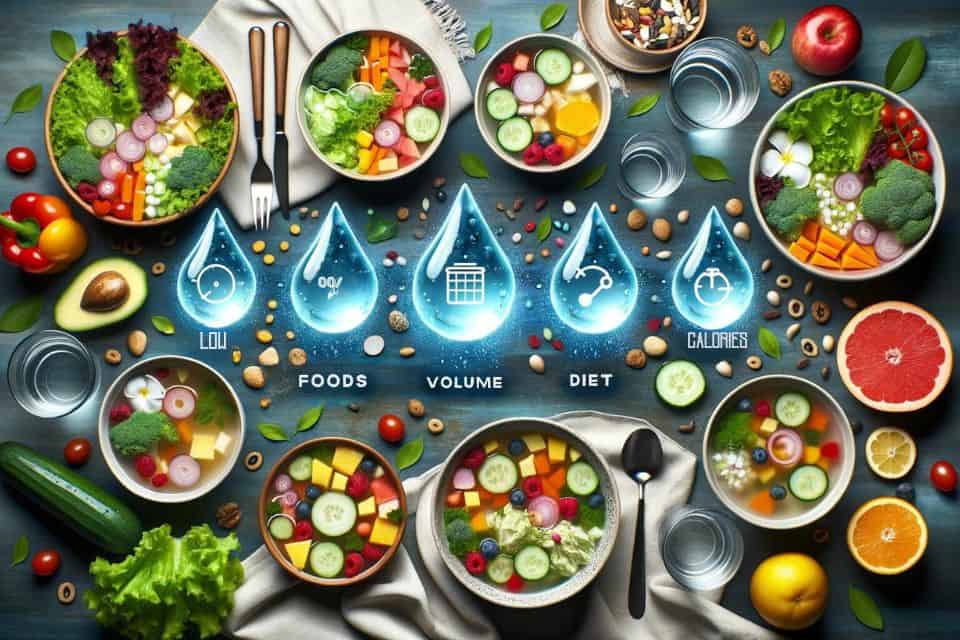 Engaging photo of a dining table set with bowls of colorful salads, broths, and fruits, emphasizing foods with high water content. Floating around the dishes are water droplets and volume icons, symbolizing the essence of the Volumetrics Diet Plan. In the foreground, the text 'The Volumetrics Diet Plan' stands out, showcasing the focus on eating more volume with fewer calories.