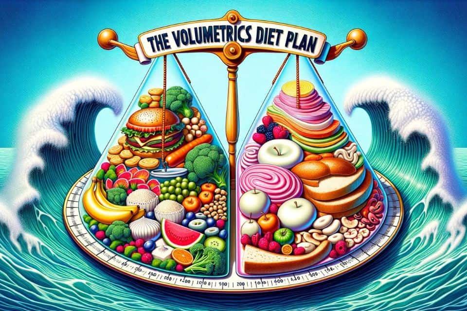 Illustrative image of a split plate: one side filled with calorie-dense, small-portion foods, and the other with large portions of low-calorie, water-rich foods. Above the plate, a balance scale tips in favor of the Volumetrics side. The background is adorned with water waves, and the phrase 'The Volumetrics Diet Plan' is prominently displayed at the top in vibrant colors.