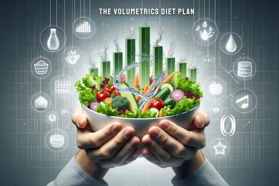 Photo-realistic image of hands holding a large bowl filled with a water-rich salad, emphasizing the concept of eating larger volumes of low-calorie foods. Surrounding the bowl are icons of volume bars, water droplets, and fresh ingredients. Floating above in a modern font is the phrase 'The Volumetrics Diet Plan'.