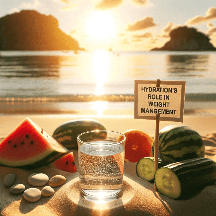 Photo of a serene beach setting with the sun setting over the horizon. In the foreground, a crystal-clear glass of water reflects the golden hues. Scattered around are fruits like watermelon and cucumber, known for their hydration properties. A sign planted in the sand reads 'Hydration’s Role in Weight Management'.