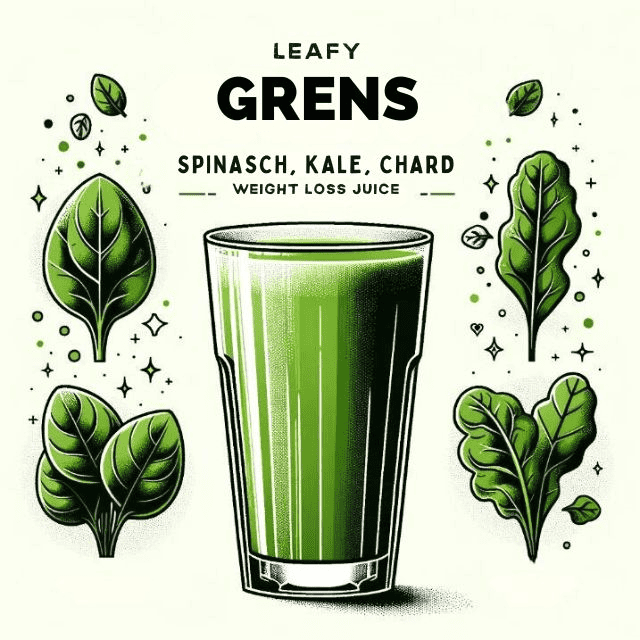 Vector image of a tall, elegant glass filled with a radiant green juice. Floating around it are illustrated icons of spinach, kale, and chard leaves. The title 'Leafy Greens: Spinach, Kale, Chard - Weight Loss Juice' is prominently displayed above.