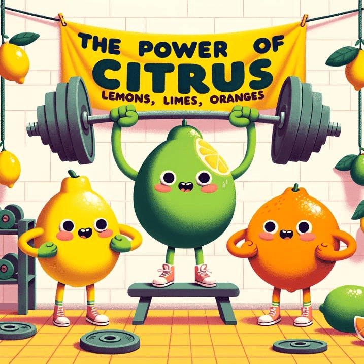 Illustration of a whimsical scene where animated lemons, limes, and oranges are lifting weights and exercising, showcasing their 'power'. A gym banner in the background reads 'The Power of Citrus: Lemons, Limes, Oranges'.