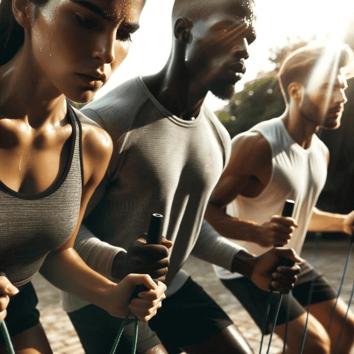 Photo: A dynamic shot of a diverse group of three individuals: a Hispanic female, an African-American male, and a Caucasian female. They are outdoors, intensely focused on their jump rope exercises. Sunlight filters through nearby trees, casting elongated shadows of the ropes on the ground. Sweat glistens on their foreheads, emphasizing effort and commitment.