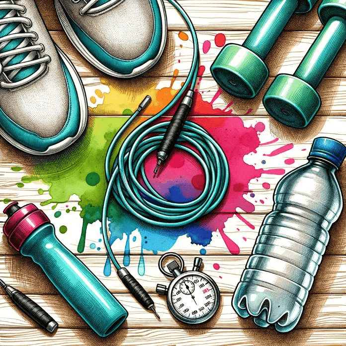 Illustration: A pair of shoes, a water bottle, a stopwatch, and a coiled jump rope laid out on a wooden floor. Above the items, there's a vibrant splash of watercolor with handwritten text saying, 'Jump Rope for Fitness'.