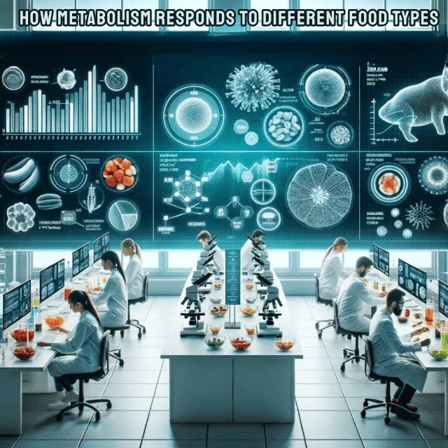 Photo of a modern laboratory setting with scientists analyzing different types of foods under microscopes. Charts and graphs on the wall display the metabolic responses to various food groups. A digital screen in the center reads 'How Metabolism Responds to Different Food Types'.