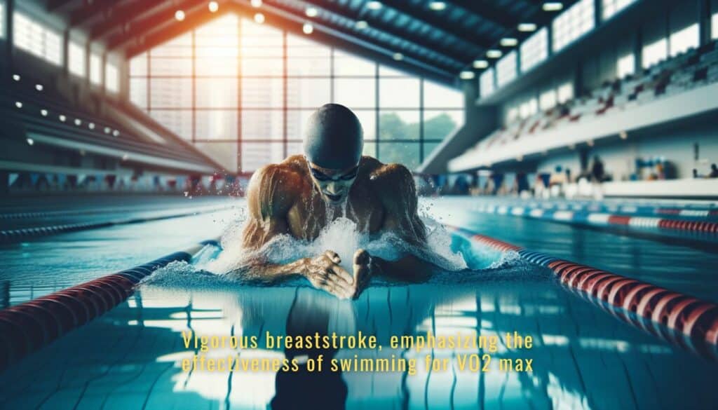 Swimming in an Olympic-size Pool: Here, a swimmer is seen practicing a vigorous freestyle stroke, emphasizing the effectiveness of swimming for VO2 max improvement.