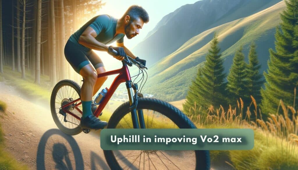 Uphill Cycling on a Mountain Trail: This image captures an individual cycling uphill, showcasing the endurance and effort required in this activity to enhance VO2 max.
