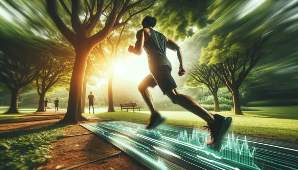 High-Intensity Interval Training (HIIT) Outdoors: This image shows a person intensely running in a scenic park, highlighting the benefits of HIIT for improving VO2 max.